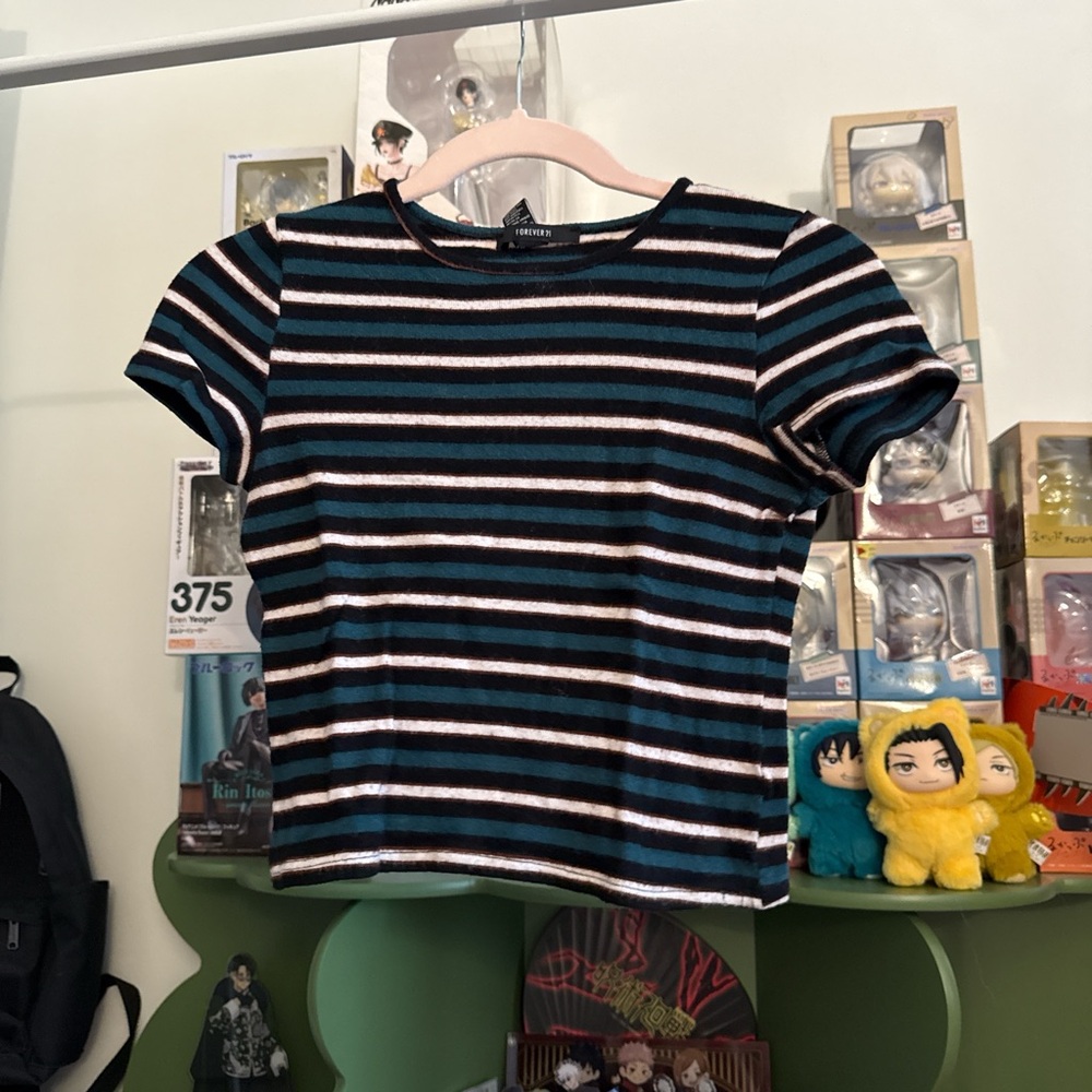 Forever 21 women's striped black, white, and teal short-sleeved crop top